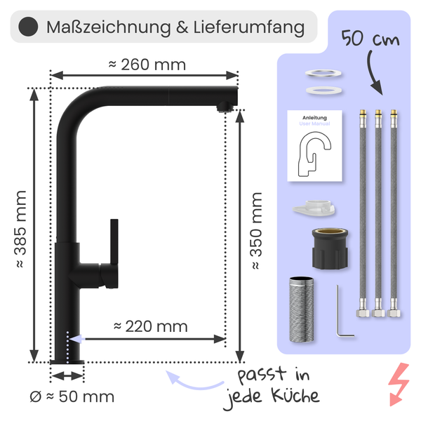 Maßzeichnung und Lieferumfang einer schwarzen Küchenarmatur mit den Maßen 385 mm Höhe, 260 mm Ausladung, 220 mm Länge des Auslaufs und 50 mm Durchmesser des Sockels.