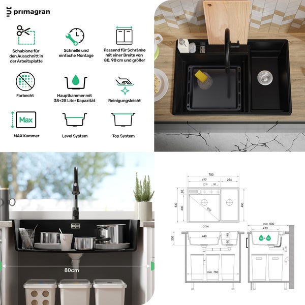 PRIMAGRAN Granitspüle Schwarz Metallic 78x53cm, Spülbecken 2 Becken + Küchenarmatur 40x20cm + Ablauf-Set + Küchenzubehörset, Küchenspüle ab 80er Unterschrank - Paris