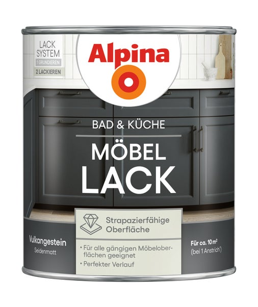 Alpina Möbellack Bad und Küche Vulkangestein seidenmatt in der Metalldose für circa 10 Quadratmeter.