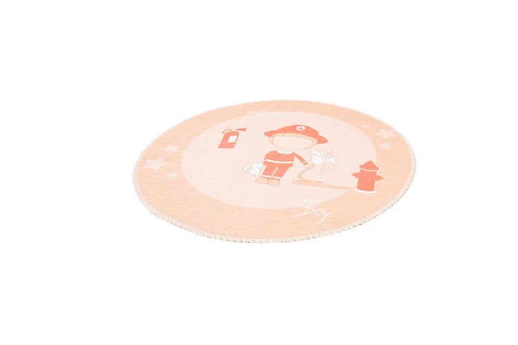 Runder Kinderteppich mit Feuerwehrmann-Motiv, Hydrant und Feuerlöscher.