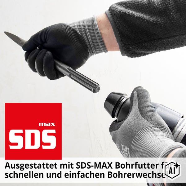 Person mit Handschuhen wechselt einen Meißel in eine Maschine mit SDS MAX Bohrfutter für schnellen und einfachen Werkzeugwechsel.