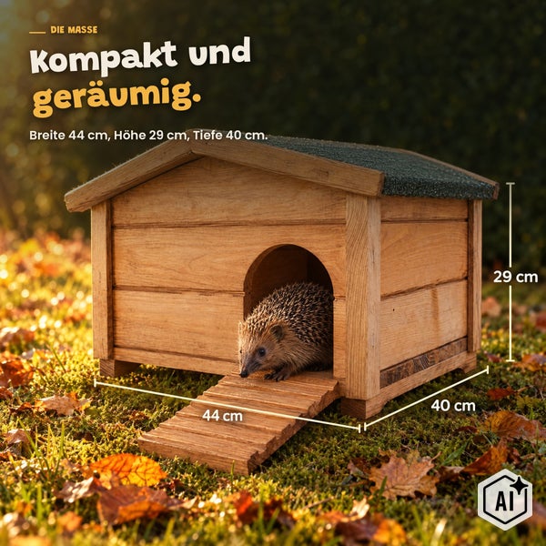 Igelhaus aus Holz mit Rampe, Maße 44 cm mal 29 cm mal 40 cm, im Garten platziert.