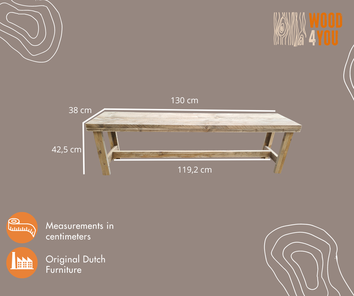 Abbildung eines Holztisches mit den Maßen Länge 130 cm, Breite 38 cm und Höhe 42,5 cm.