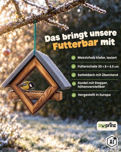 Vogelhaus aus lasiertem Kiefer Massivholz mit Satteldach und verstellbarer Aufhängung für den Garten, Marke Zooprinz Logo