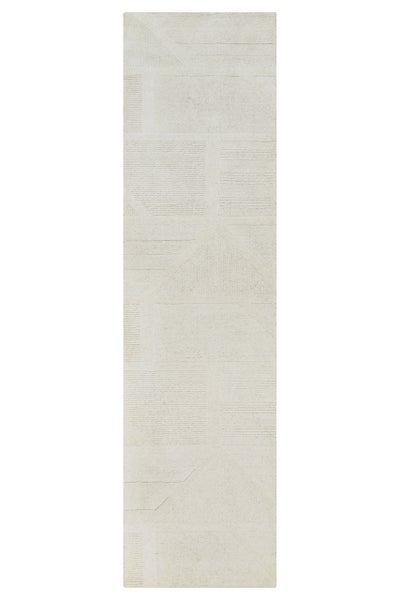 Rechteckiger Teppichläufer mit geometrischem Hoch-Tief-Muster aus verschiedenen Rechtecken und Linien.