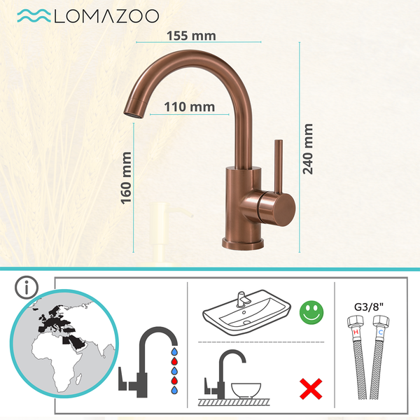 Lomazoo Waschtischarmatur mit Einhebelmischer und Maßangaben für die Montage am Waschbecken inklusive Anschlussschläuchen G3/8 Zoll