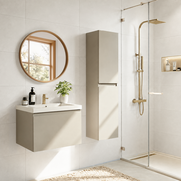 Modernes Badezimmer mit wandhängendem Waschtisch, hohem Seitenschrank, rundem Spiegel mit Holzrahmen und offener Duschkabine mit Messingarmatur.