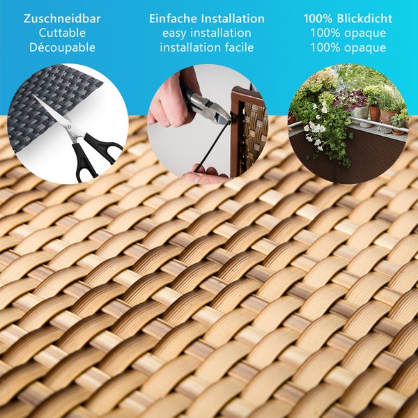 Produktmerkmale einer Sichtschutzmatte: Zuschneidbar, einfache Montage mit Kabelbindern und 100 Prozent blickdicht.