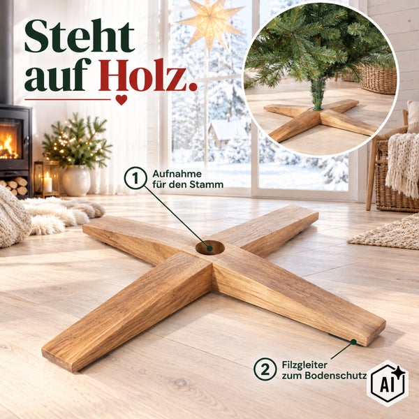 Holz Christbaumständer in Kreuzform mit Stammaufnahme und Filzgleitern für den Bodenschutz in einem weihnachtlich dekorierten Wohnzimmer.