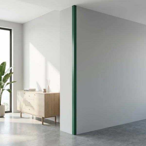Heller moderner Wohnraum mit einer Eckwand mit grüner Kante, Sideboard aus Holz und einer Zimmerpflanze in einem minimalistischen Innenbereich.
