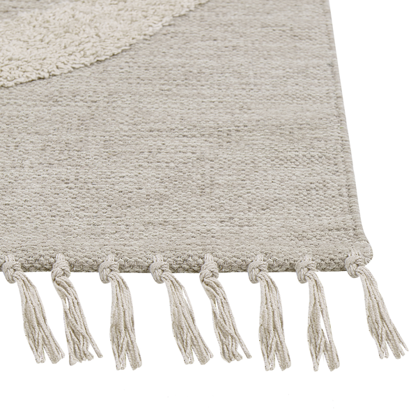 Teppich Baumwolle hellbeige 80 x 150 cm geometrisches Muster Fransen Kurzflor HAKKARI