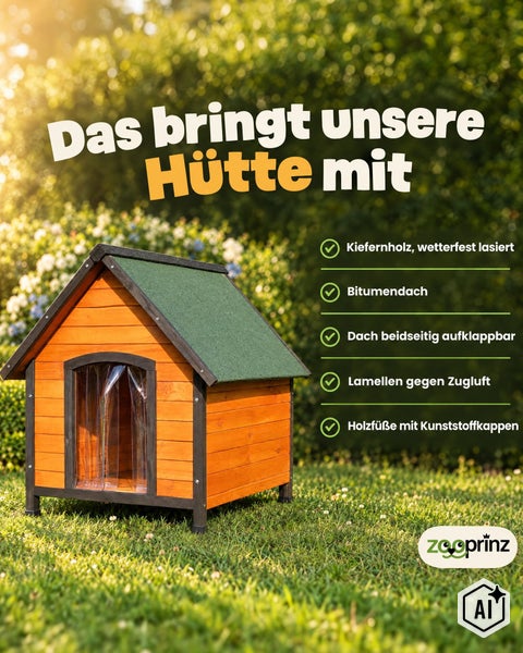 Hundehütte aus wetterfest lasiertem Kiefernholz mit aufklappbarem Bitumendach, Lamellenvorhang und höhenverstellbaren Füßen mit Kunststoffkappen.