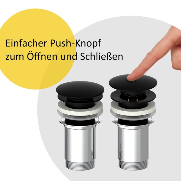 instmaier Ablaufgarnitur E4 | ohne Überlauf | Waschbeckenstöpsel mit Push-Open Funktion | Pop Up Ventil Schwarz Matt