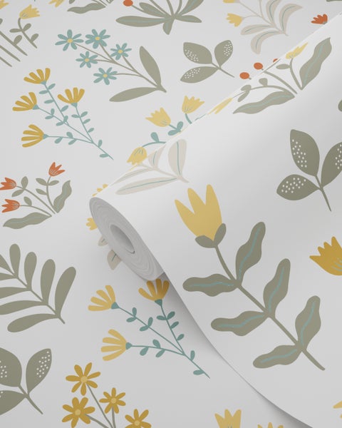 ESTAhome Tapete Feldblumen Dunkelgrün und Gelb - 50 x 900 cm - 131095