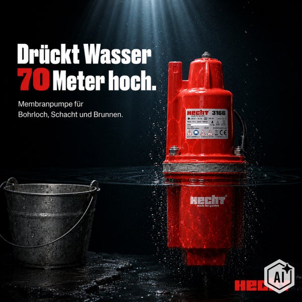 Hecht 3166 Membranpumpe mit einer Förderhöhe von 70 Metern für Bohrlöcher und Brunnen neben einem Metalleimer.