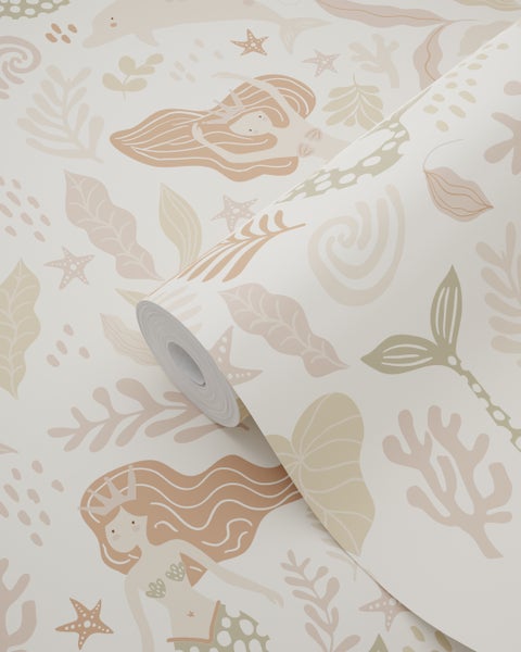 ESTAhome Tapete Meerjungfrauen Graugrün, Beige und Terrakotta - 50 x 900 cm - 131498