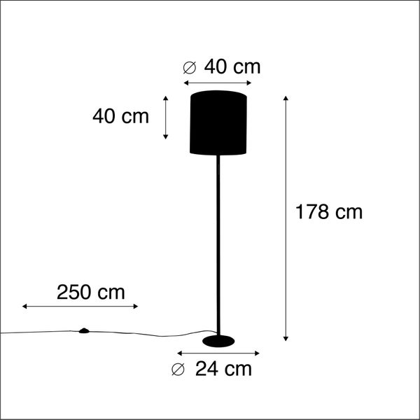 Skizze einer Stehlampe mit den Maßen 40 cm Durchmesser Lampenschirm, 40 cm Höhe Lampenschirm, 24 cm Durchmesser Lampenfuß, 178 cm Gesamthöhe und 250 cm Kabellänge.