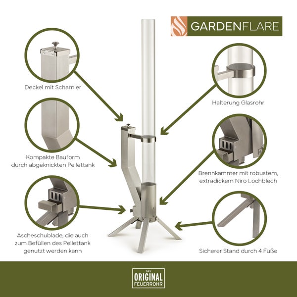 Gardenflare Edelstahl Feuersäule mit Feuerrohr und Pelletfackel für Tolles Ambiente-Feuer – Elegante Terrassenheizer und Gartenkamin die Alternative für deine Terrasse und Garten (silber)