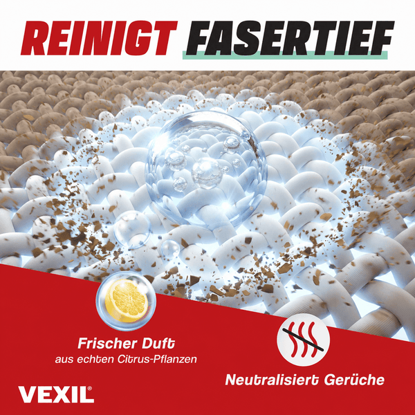 Vexil Reinigungsmittel visualisiert fasertiefe Reinigung mit frischem Zitrusduft und Geruchsneutralisierung.