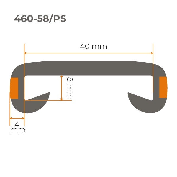 Profilleiste mit den Maßen 40 mm Breite, 8 mm Höhe und 4 mm Dicke.