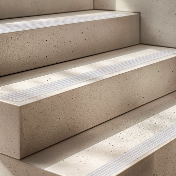 Detailaufnahme von Steinstufen mit Antirutschstreifen