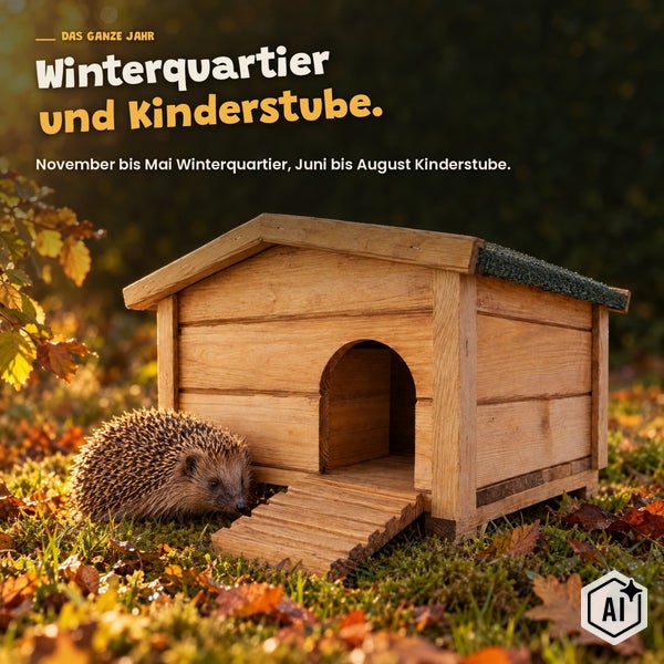 Ein Igel vor einem hölzernen Igelhaus im Garten, das als Winterquartier und Kinderstube für Igel dient.