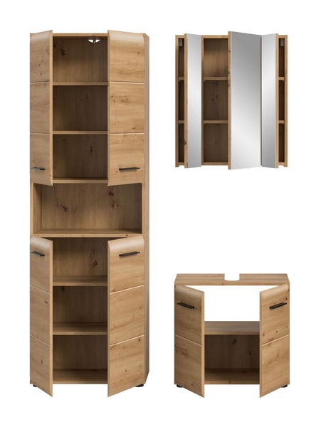 Dreiteiliges Badmöbel-Set in Eichenoptik bestehend aus Hochschrank, Spiegelschrank und Waschbeckenunterschrank mit schwarzen Griffen.