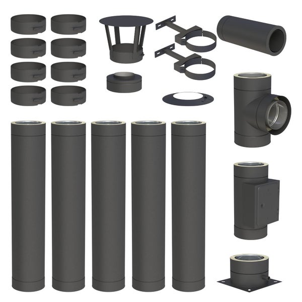 Doppelwandiges Schornstein-Set aus Edelstahl in Schwarz bestehend aus Rohren, T-Stück, Reinigungselement, Wandhaltern und Schornsteinabschluss.