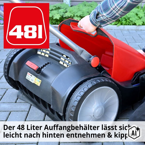Ein Hecht Rasenmäher mit abnehmbarem 48 Liter Grasfangkorb, der sich leicht nach hinten entnehmen und entleeren lässt.