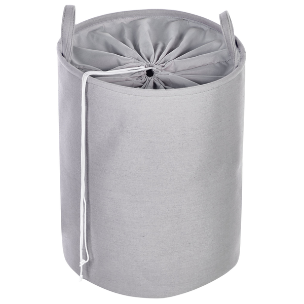 Grauer Wäschekorb aus Stoff mit Tragegriffen und Kordelzugverschluss.