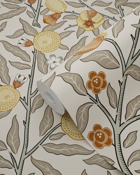 ESTAhome Tapete exotischen Früchten und Blättern Graugrün, Terrakotta und Ockergelb - 50 x 900 cm - 131171