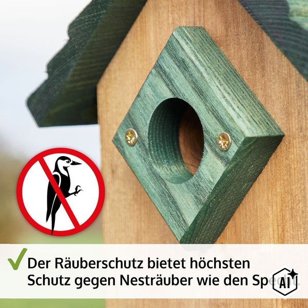 Vogelhaus mit Spechtschutz als Verstärkung am Einflugloch aus Holz mit integriertem Schutzzeichen gegen Nesträuber.
