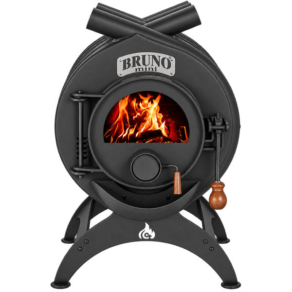 Bruno Mini Kaminofen mit Sichtfenster und brennendem Feuer im Inneren sowie Holzgriffen.