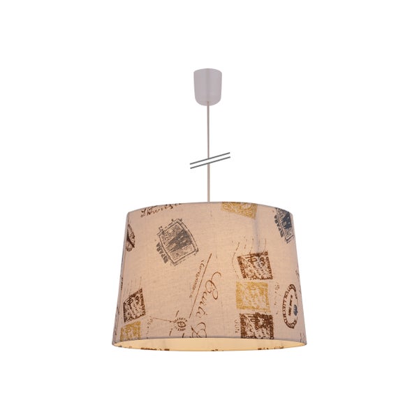 Hängelampe mit Stoffschirm und Briefmarkenmotiv