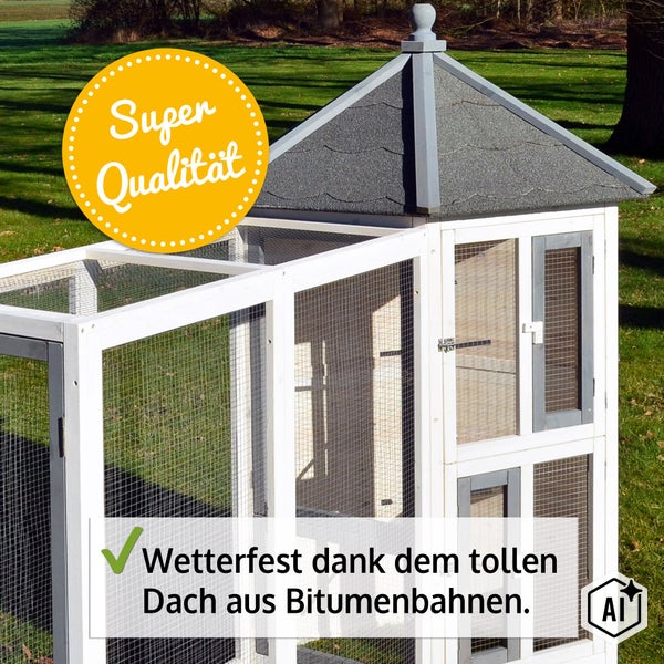 Hühnerstall aus Holz mit wetterfestem Bitumendach und Drahtgittergehege für den Garten.