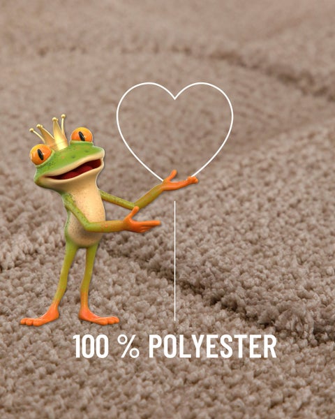 Teppichoberfläche aus einhundert Prozent Polyester mit einer Froschfigur und einem Herzsymbol für Weichheit.