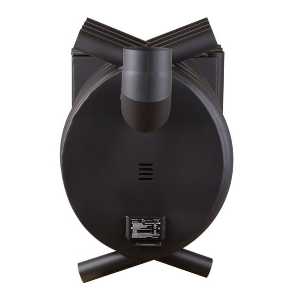 Rückansicht eines Ofens mit Rauchrohranschluss und Geräteinformationen