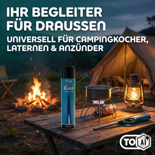 TOM Universal Feuerzeuggas 300 Milliliter auf einem Campingtisch mit Campingkocher und Laterne vor einem Zelt.