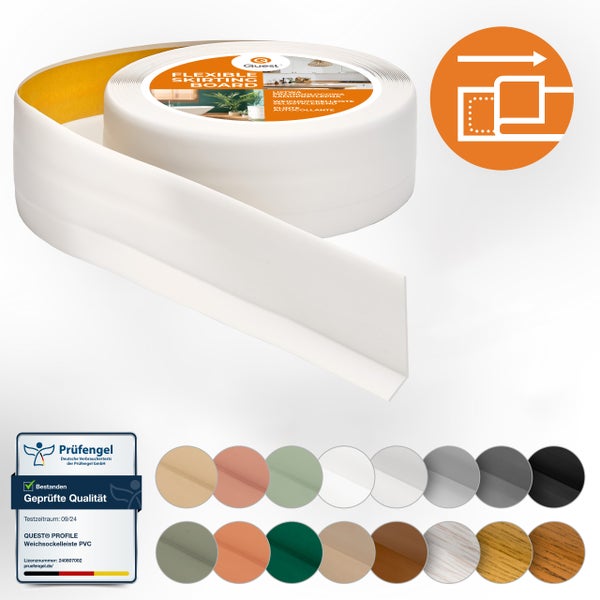 Quest Weichsockelleiste Selbstklebend 50 x 20 mm, PVC Sockelleiste, Flexibel, Weiß, 5 Meter