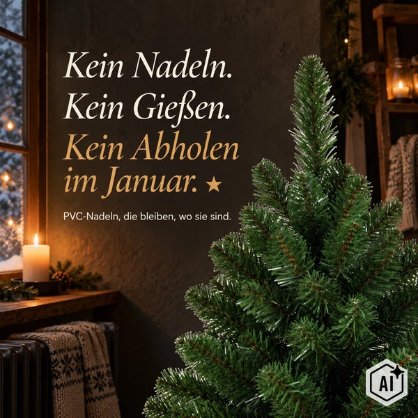 Künstlicher Weihnachtsbaum aus Polyvinylchlorid für eine pflegeleichte Dekoration in einer gemütlichen weihnachtlichen Wohnraumszene.