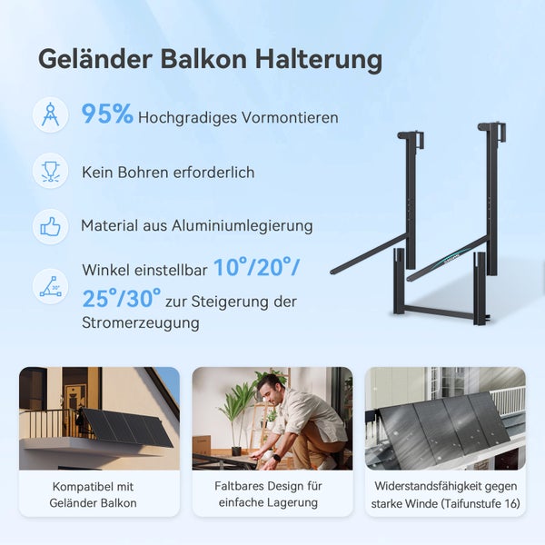 Balkonhalterung für Solarpanels aus Aluminium, Montage ohne Bohren, Winkel 10 bis 30 Grad einstellbar, 95 Prozent vormontiert, windbeständig.