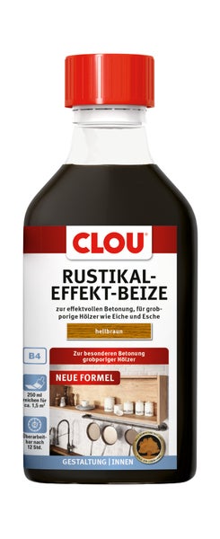 CLOU Rustikal-Effekt-Beize hellbraun 250 Milliliter für grobporige Hölzer. Ergiebigkeit circa 1,5 Quadratmeter, überarbeitbar nach 12 Stunden.
