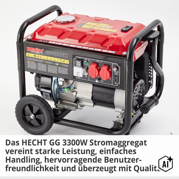 HECHT GG 3300W Stromerzeuger mit Rahmen, Rollen und Anschlüssen für Stromversorgung.
