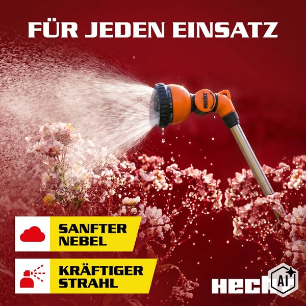 Hecht Gartenspritze mit Sprühkopf für feinen Nebel und kräftigen Strahl zur Bewässerung von Blumen.