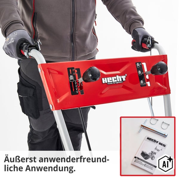 Bedienelemente einer Hecht Kehrmaschine mit Hebeln zur Geschwindigkeits- und Bürsteneinstellung inklusive Bedienungsanleitung und Montageschlüssel.