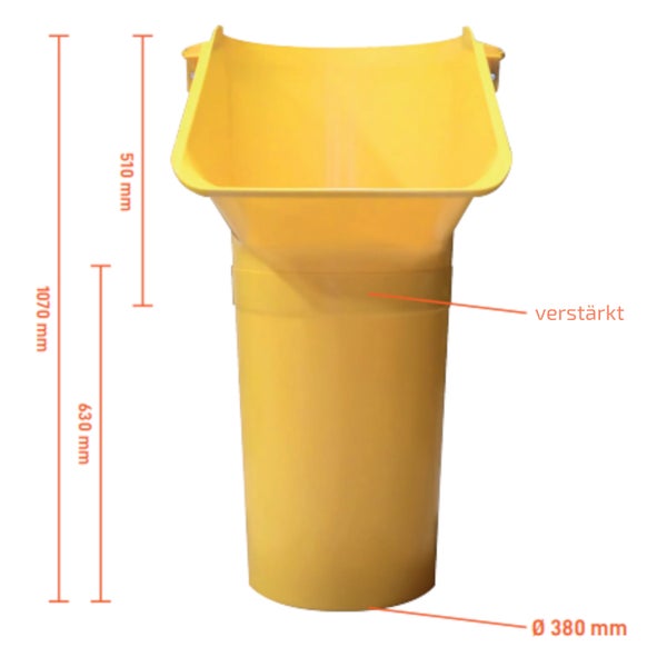 Gelber Bauschuttrutsche mit den Maßen 1070 mm Höhe, 510 mm Trichterhöhe und 380 mm Durchmesser.