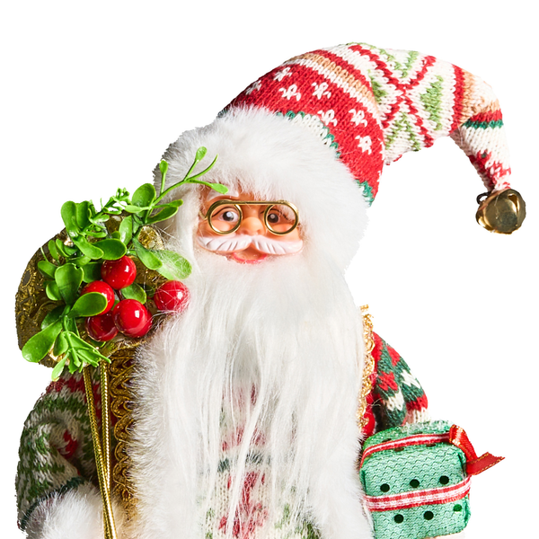 Dekorativer Weihnachtsmann mit Mütze, Bart und Geschenk