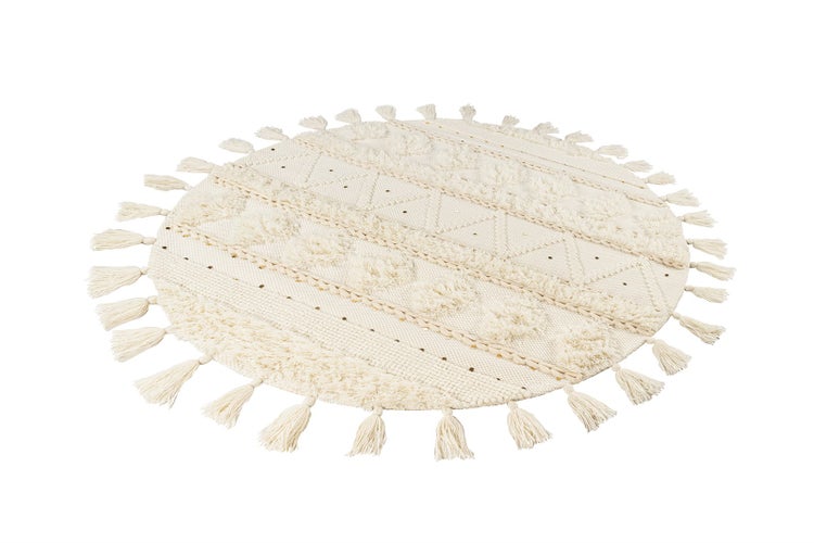 Runder Teppich aus Baumwolle in Beige mit Quasten am Rand und gewebten geometrischen Mustern.