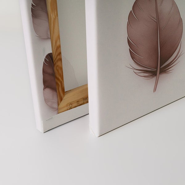 Nahaufnahme von zwei Leinwandbildern mit Feder Motiven und Holzrahmen