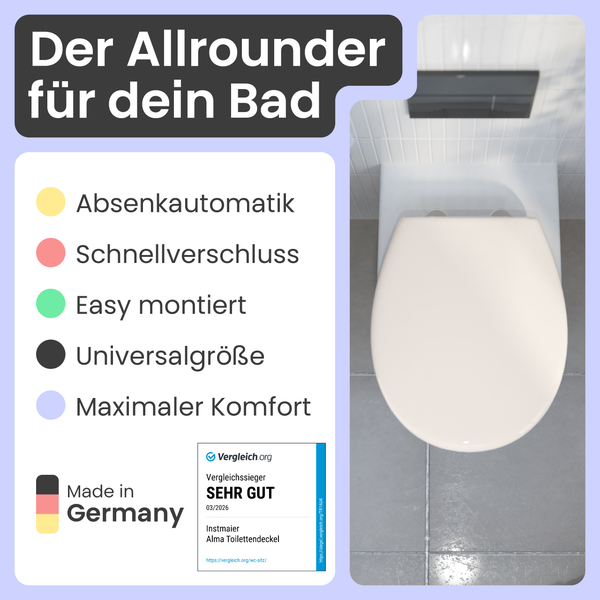 Toilettendeckel im Bad mit Absenkautomatik, Schnellverschluss und Universalgröße. Hergestellt in Deutschland und Vergleichssieger Sehr Gut.